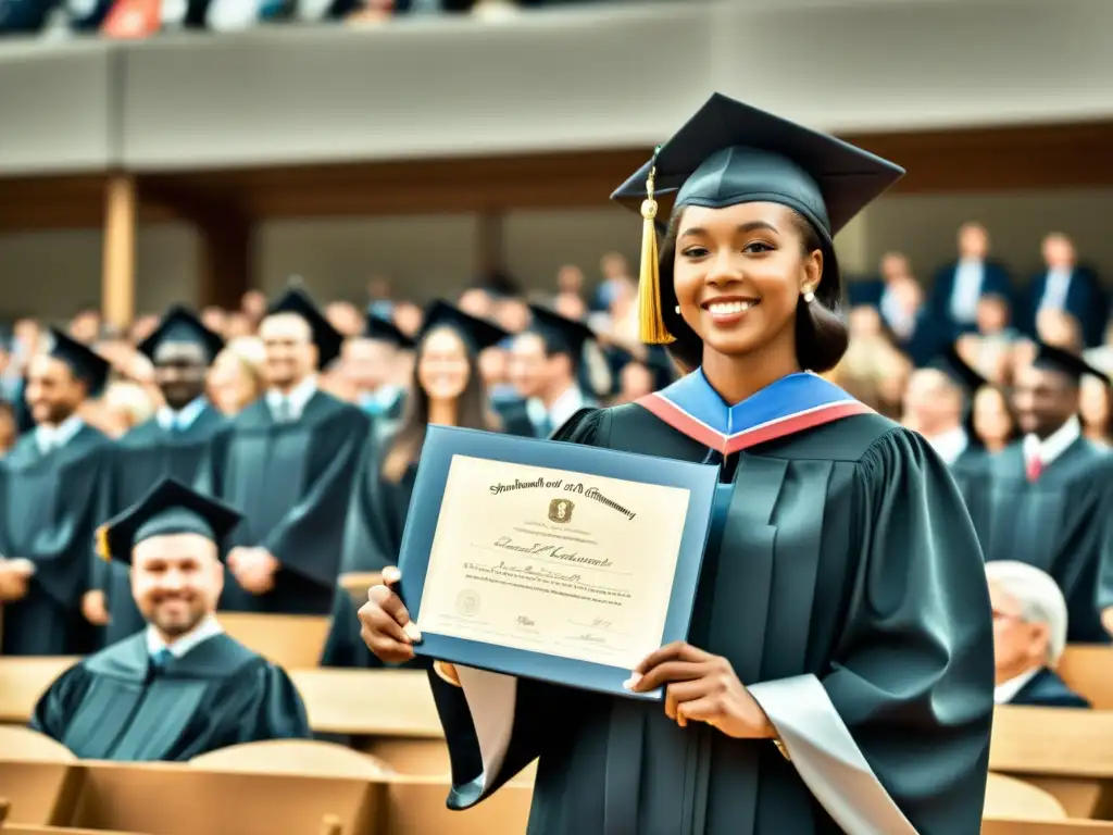 Un académico distinguido recibe un diploma en una ceremonia de graduación, con una atmósfera de respeto y logro