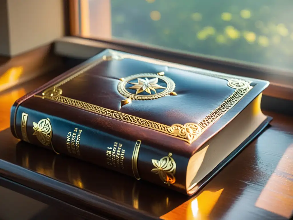 Una agenda de cuero vintage sobre un elegante escritorio de madera, bañada por la cálida luz del sol