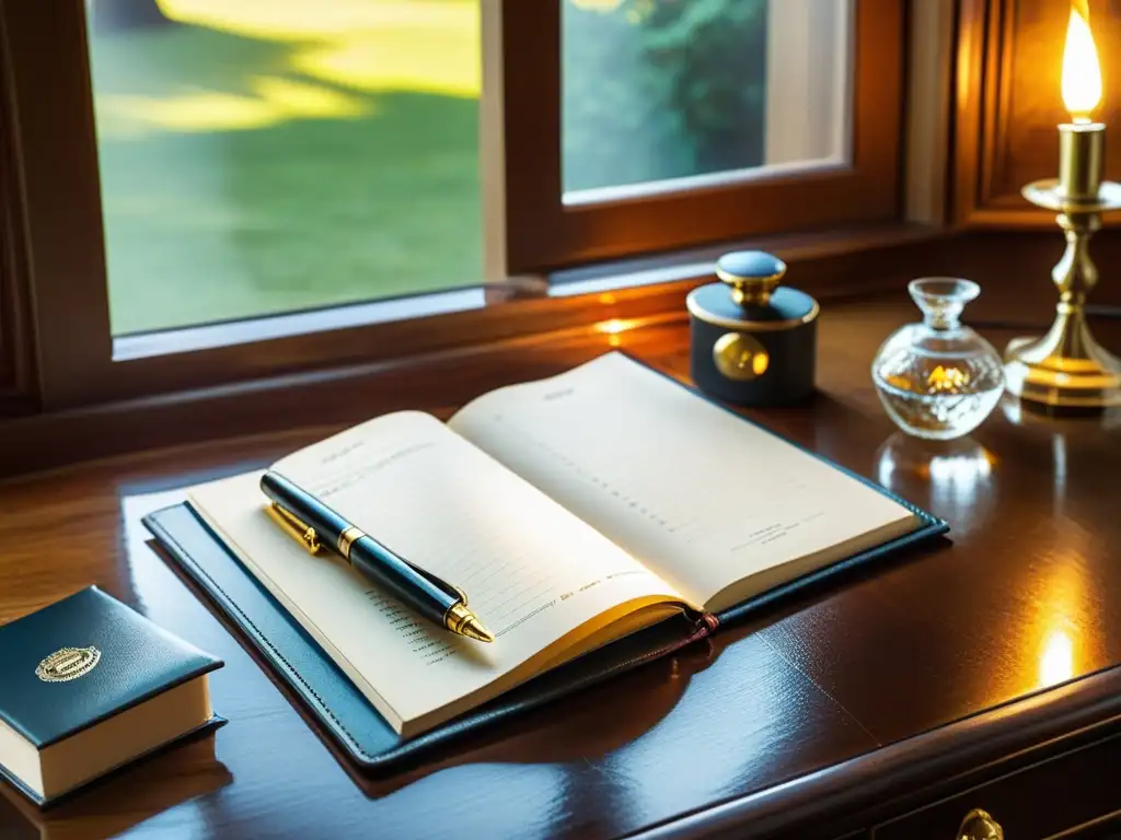 Una agenda de lujo vintage de cuero abierta sobre un escritorio de madera pulida, con una pluma estilográfica de oro reposando en sus páginas