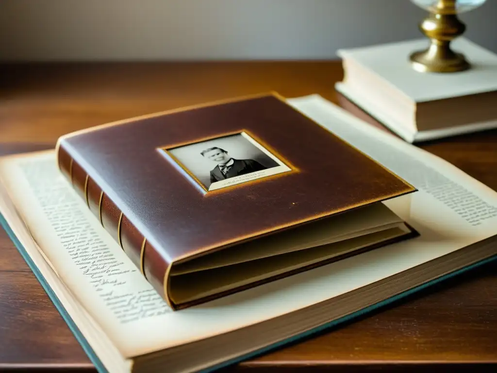 Álbum de fotos vintage en mesa de madera antigua, con imágenes sepia y textura envejecida