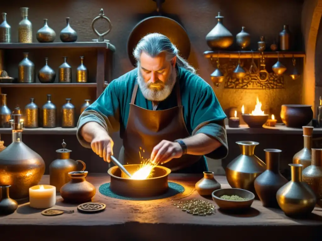 Un alquimista medieval mezcla ingredientes en su taller, rodeado de pergaminos y botellas