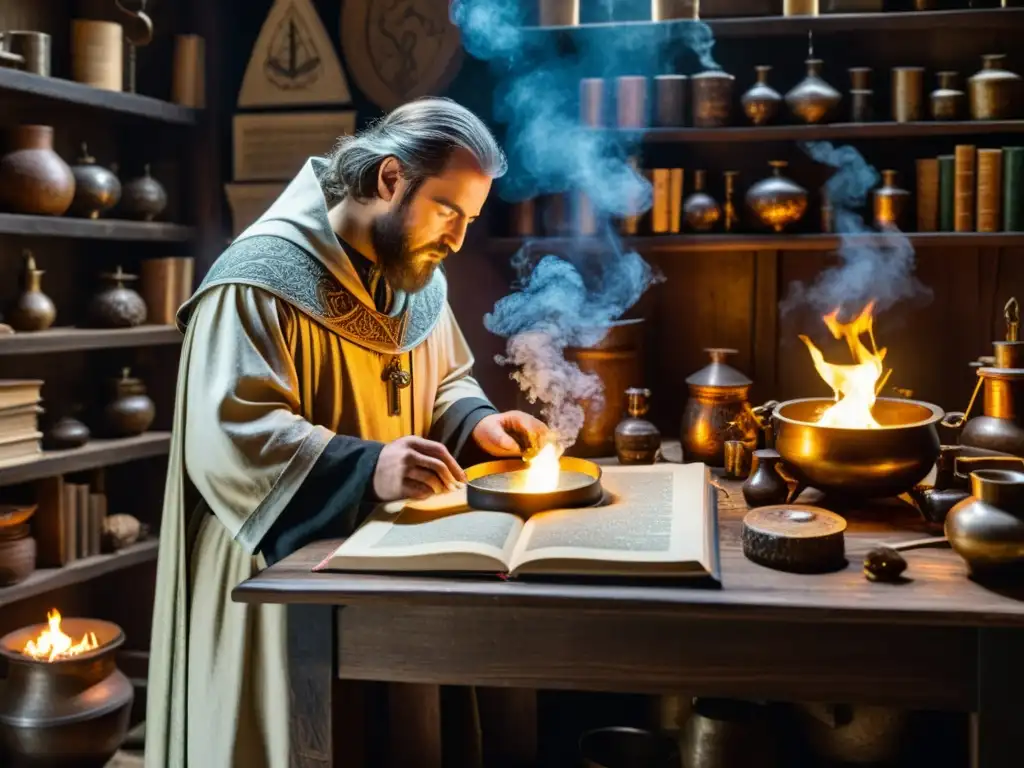 Un alquimista medieval fabrica papel con meticulosidad en un taller con instrumentos antiguos y tomos