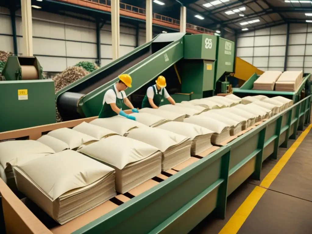 Un ambiente industrial vintage con trabajadores clasificando papel reciclado, maquinaria en movimiento y pilas de papel listo para distribuir