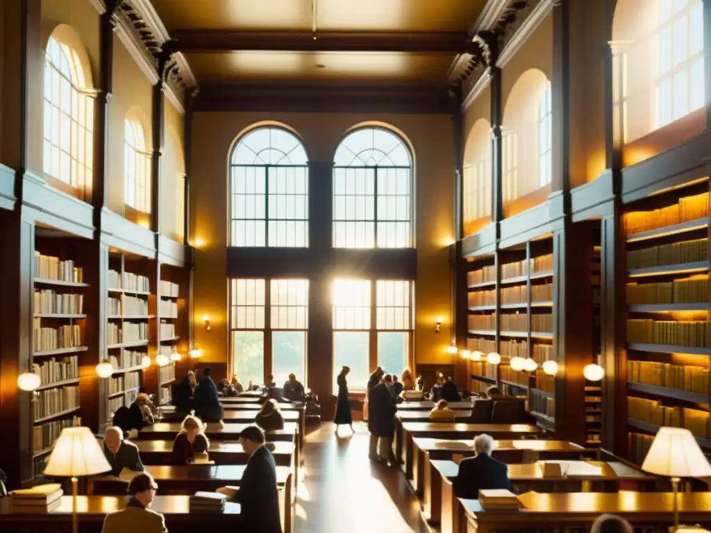 Un ambiente nostálgico y lleno de conocimiento en una bulliciosa biblioteca, donde la evolución del papel en bibliotecas cobra vida en cada página