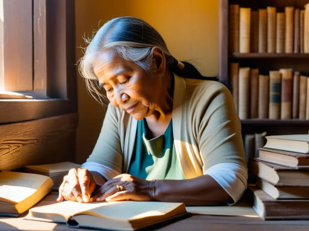 Una anciana indígena lee con reverencia un antiguo libro amarillento en un escritorio de madera rodeada de manuscritos