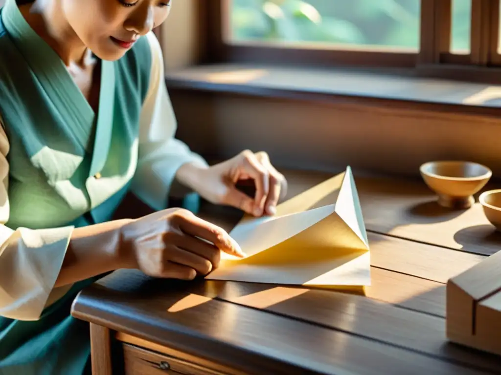 Un anciano artesano chino plegando papel en origami