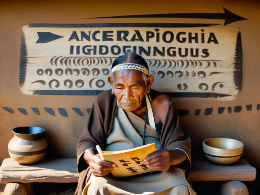 Un anciano envuelto en vestimenta tradicional, documentando lenguas ancestrales con pluma y pergamino, frente a un cartel antiguo