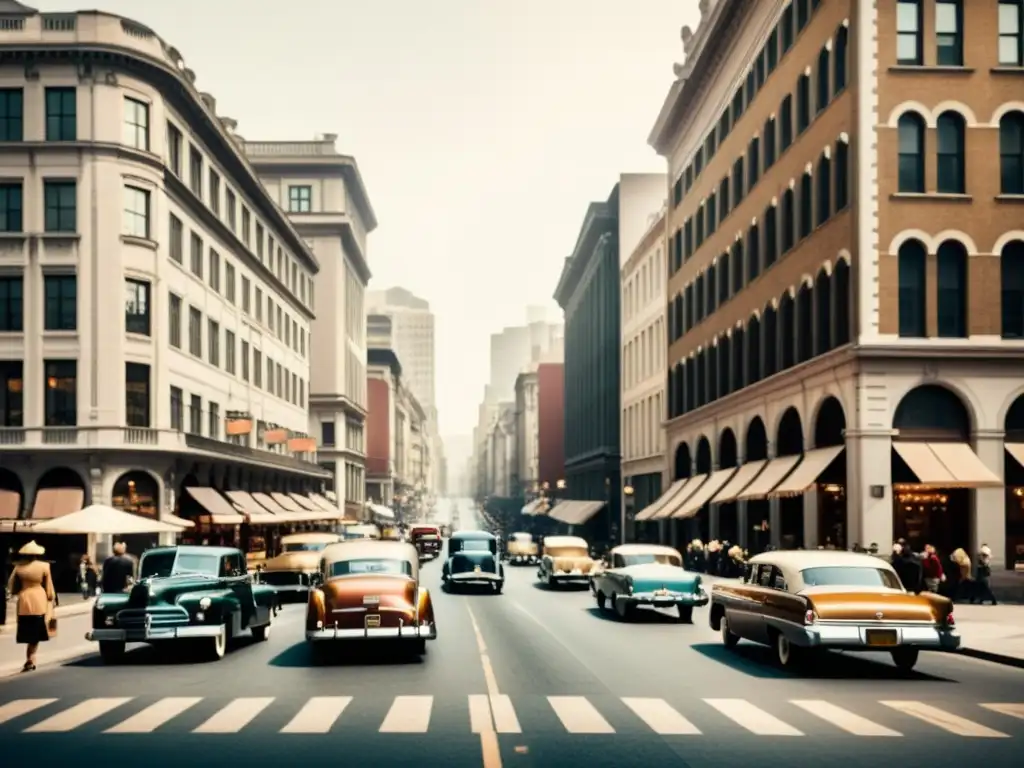 Una animada calle de la ciudad en tonos cálidos y estilo vintage, con gente caminando y autos antiguos estacionados