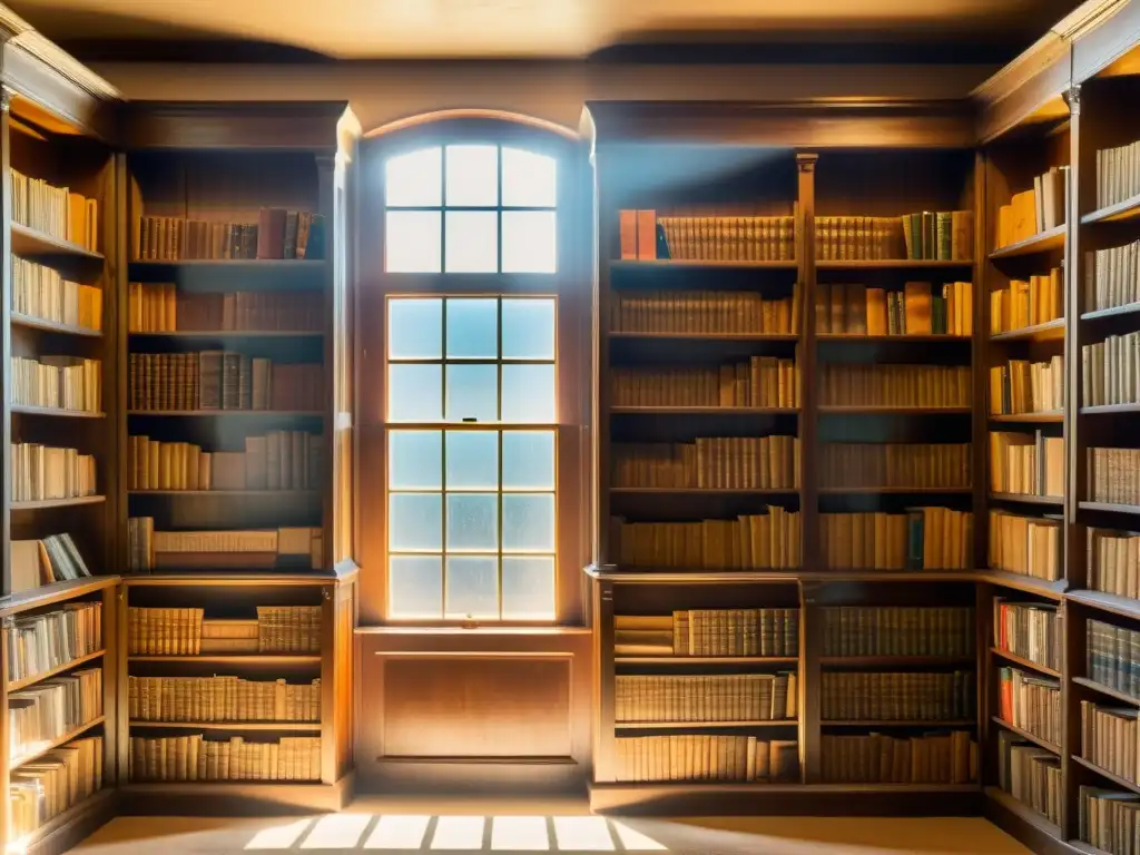 Antigua biblioteca con estantes de madera y libros envejecidos iluminados por cálida luz solar