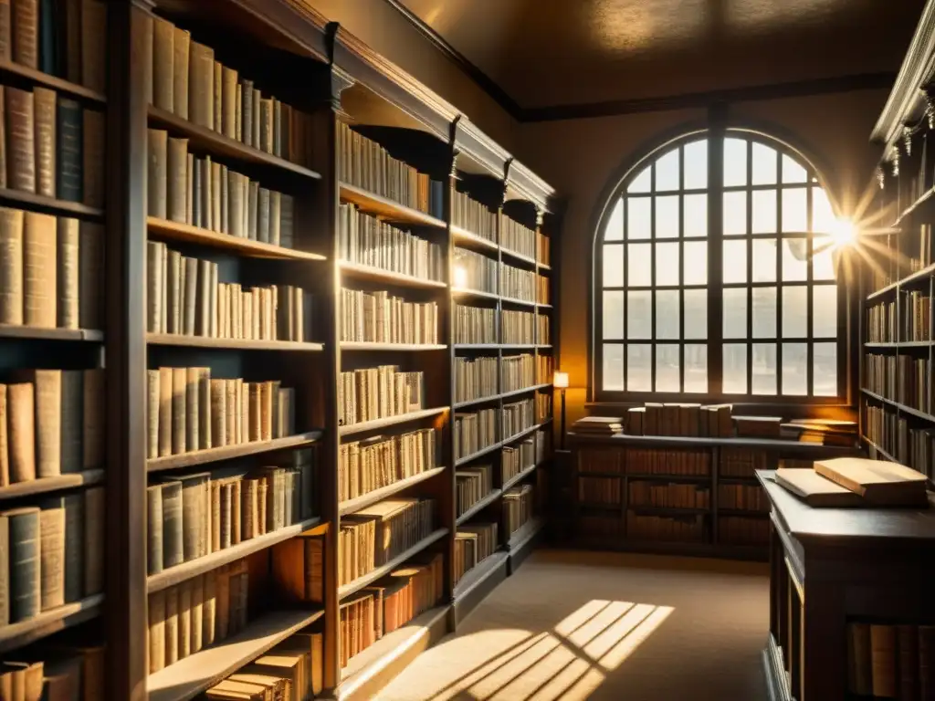 Antigua biblioteca con libros y manuscritos en papel como bastión hackeo digital, iluminada por rayos de sol