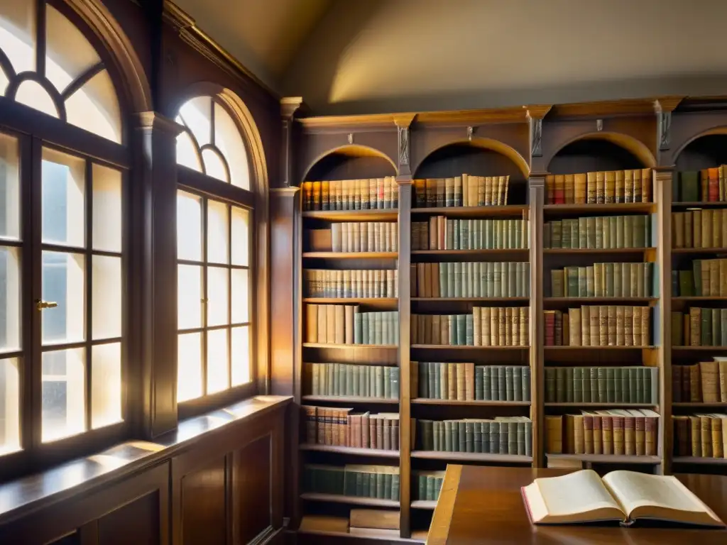 Antigua biblioteca con libros de papel preservados en estanterías de madera, iluminada por luz cálida