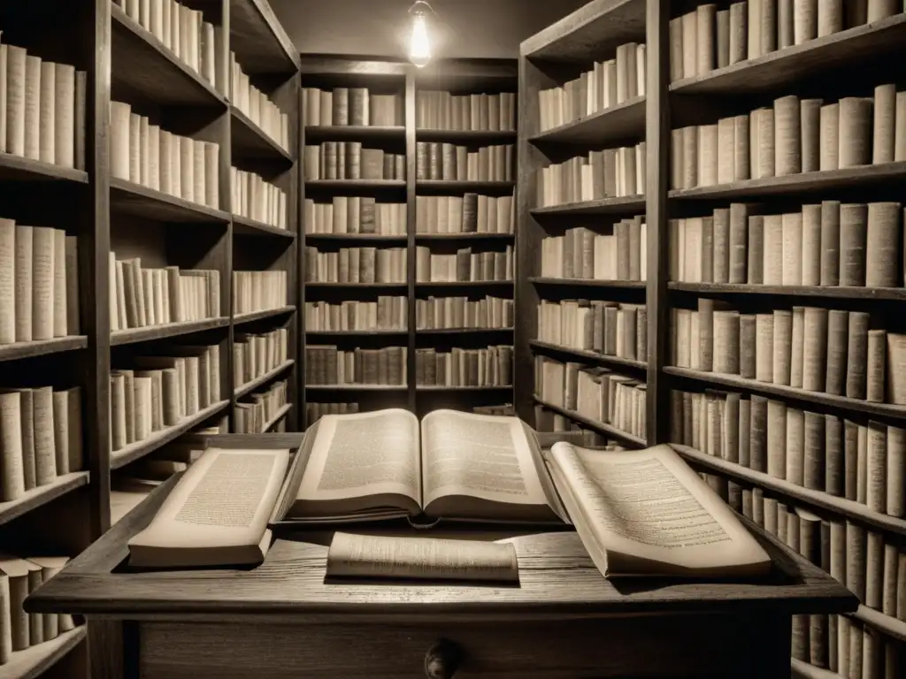 Antigua biblioteca con rollos y libros antiguos, iluminada por una vela