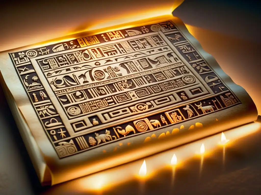 Una antigua codex maya iluminada por velas, con intrincados jeroglíficos y coloridas ilustraciones de eventos celestiales y ciclos agrícolas