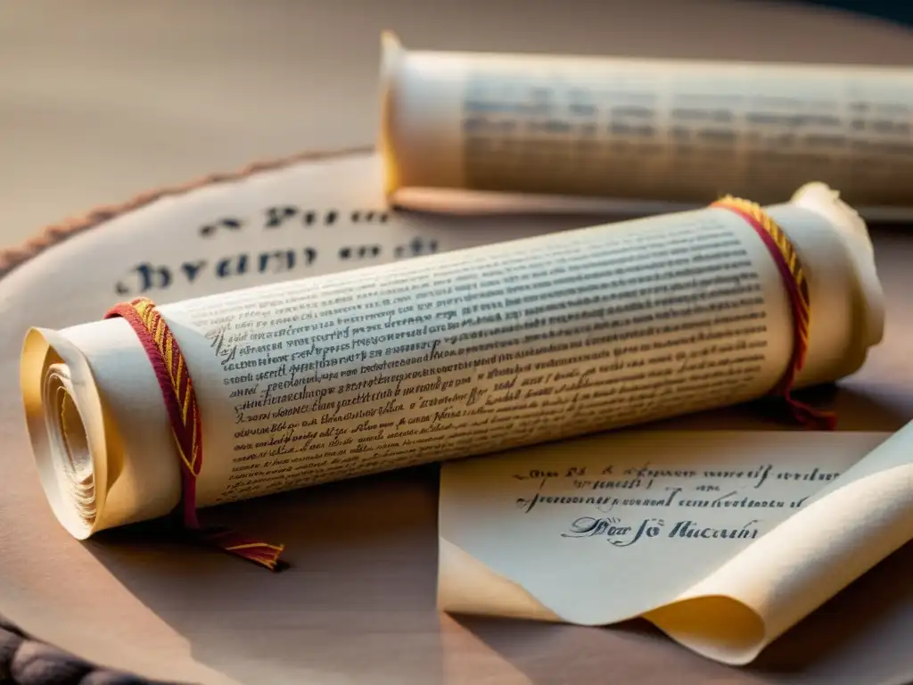 Una antigua y detallada escritura romana en papiro desenrollado, evocando sabiduría atemporal y estudio académico