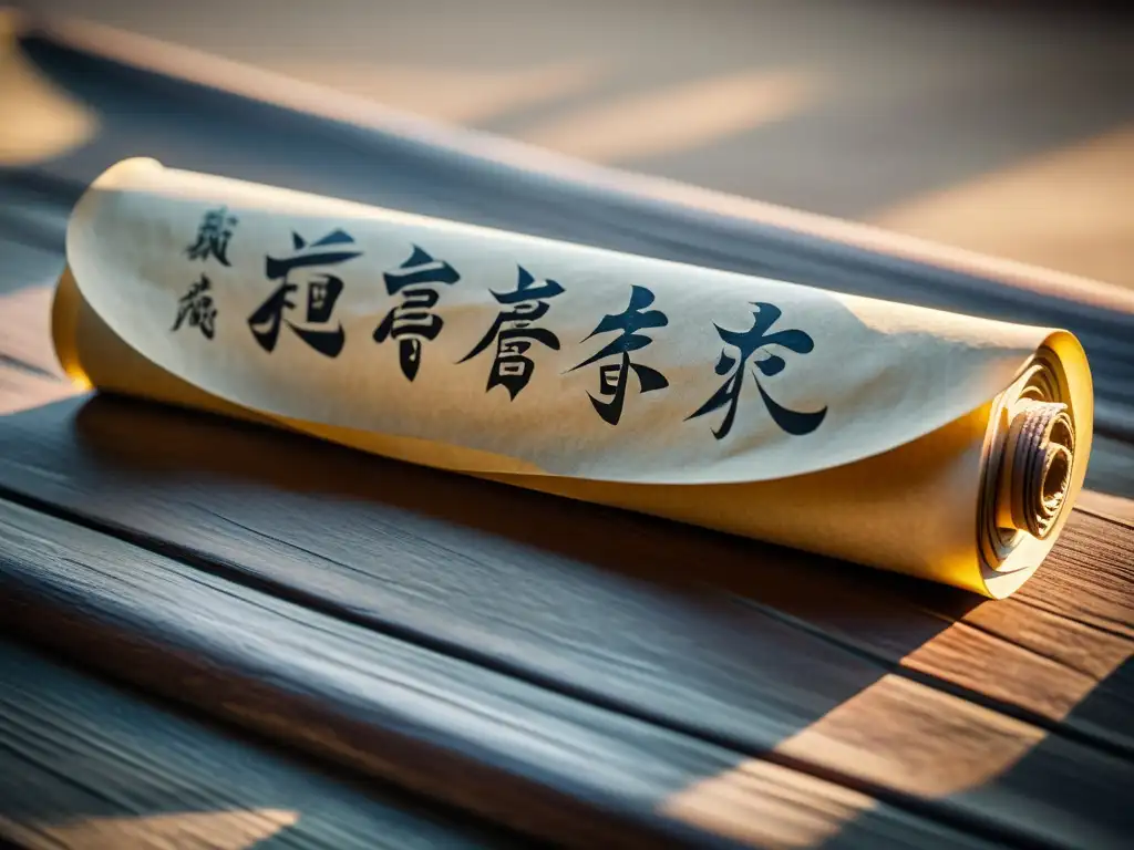 Antigua caligrafía china en pergamino: tradición atemporal Antigua escritura china en pergamino desplegado sobre mesa de madera, resaltando la importancia del papel en la era digital