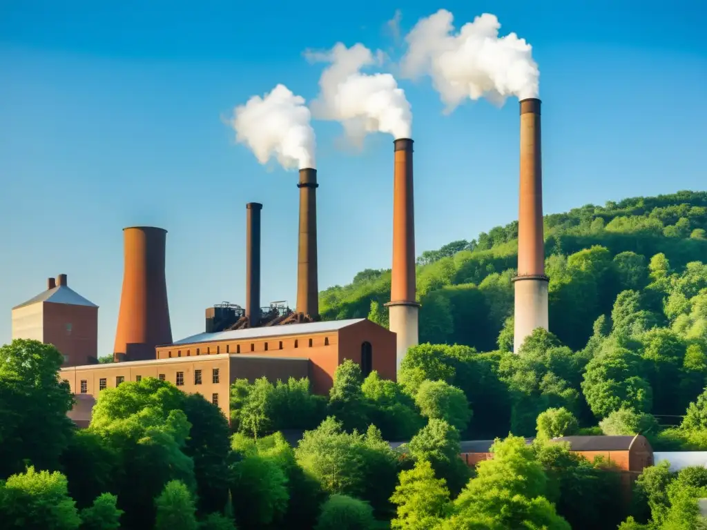 Antigua fábrica de papel con chimeneas humeantes, rodeada de árboles verdes y cielo azul