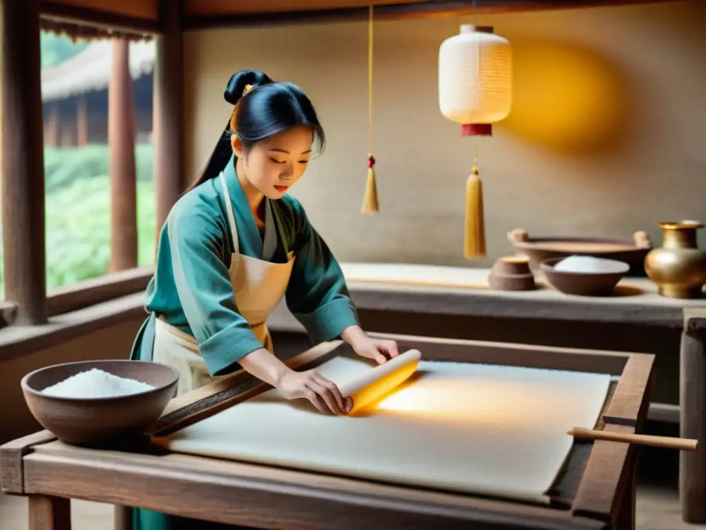 Una antigua fábrica de papel en China, con artesanos creando papel a mano