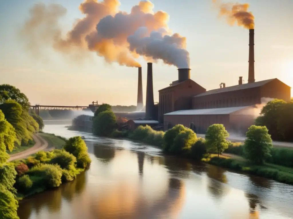 Antigua fábrica de papel junto al río, con humo denso y trabajadores, iluminada por el cálido sol