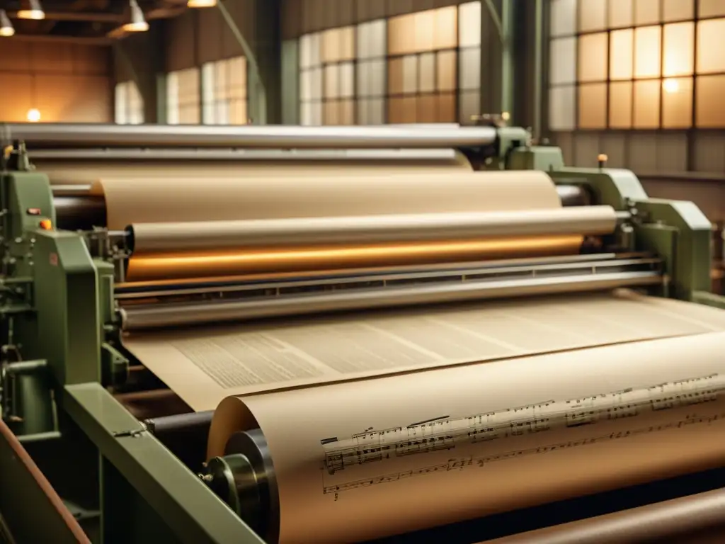 Una antigua fábrica de papel en plena actividad, con maquinaria intricada y cintas transportadoras procesando materiales reciclados en hojas impecables de papel para partituras