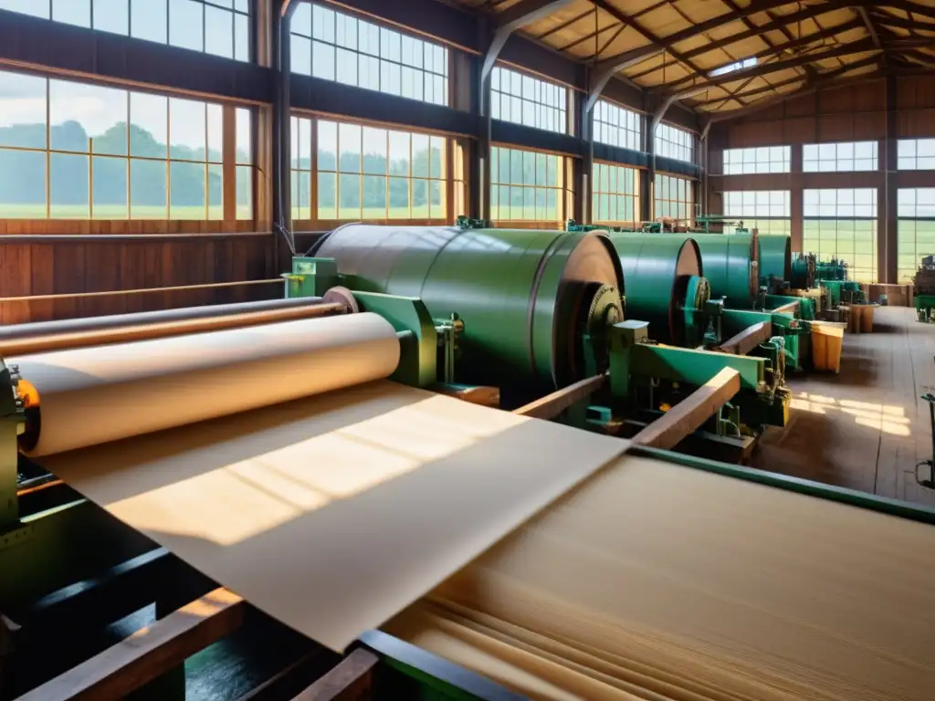 Antigua fábrica de papel en pleno funcionamiento con maquinaria de madera detallada, trabajadores artesanales y luz natural cálida