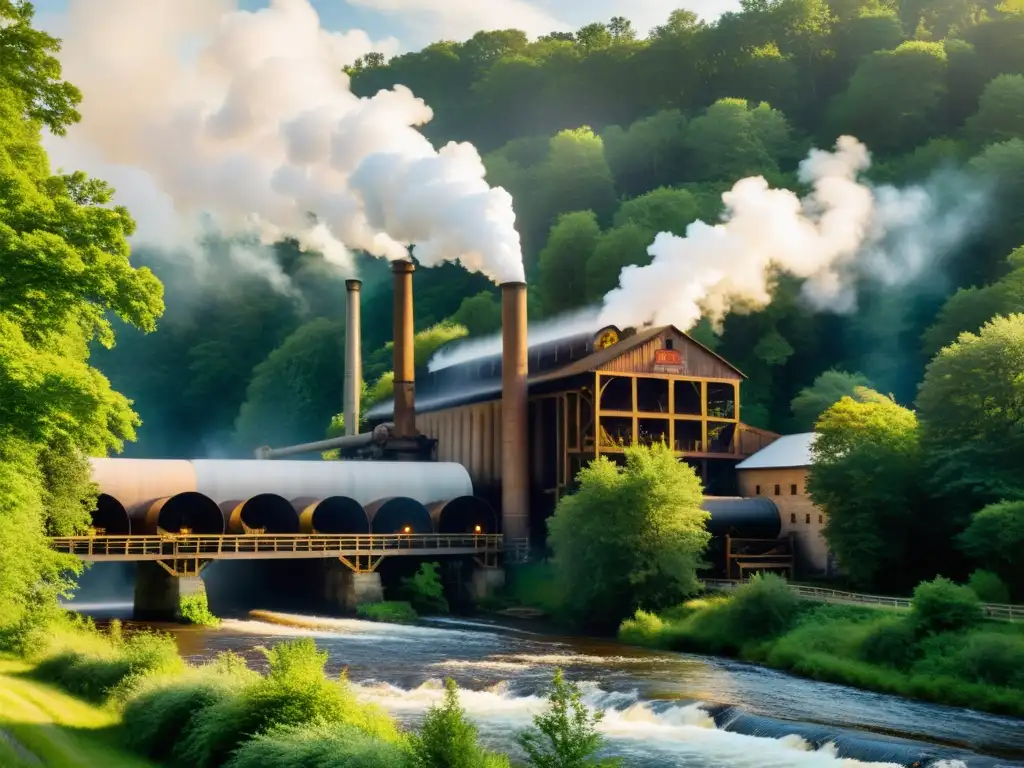 Antigua fábrica de papel rodeada de naturaleza exuberante y río, evocando nostalgia y armonía ambiental