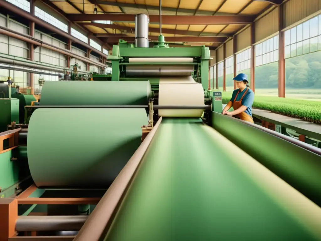 Antigua fábrica de papel con trabajadores y maquinaria vintage, rodeada de árboles verdes
