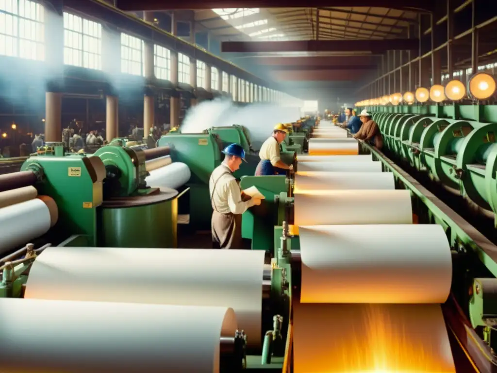 Antigua fábrica de papel con trabajadores operando maquinaria, impacto ambiental industria papelera