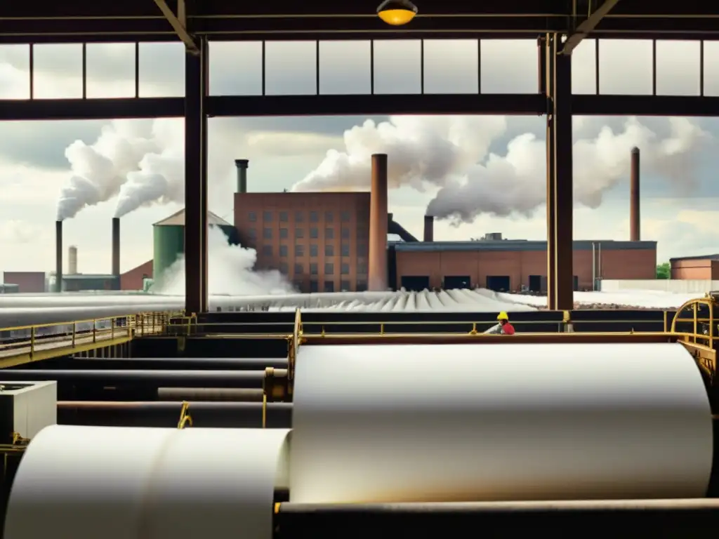 Antigua fábrica de papel con trabajadores y maquinaria, reflejando el impacto cultural del papel en la historia industrial