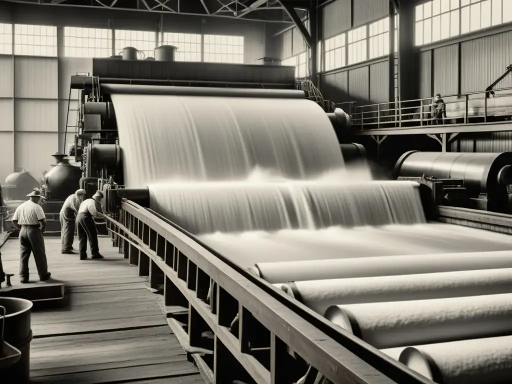 Antigua fábrica de papel con trabajadores laborando en grandes tanques de pulpa, evocando la evolución técnica en la fabricación de papel fotográfico