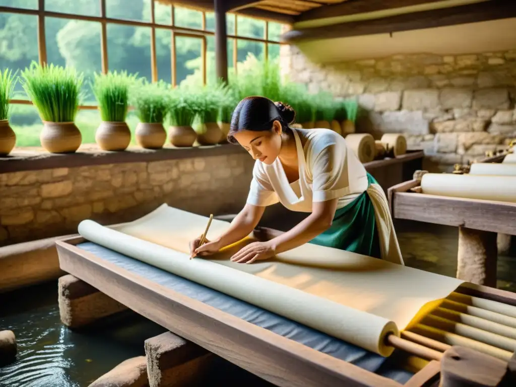 Antigua fábrica romana de papel con trabajadores elaborando rollos de papiro, rodeada de exuberante vegetación y agua fluente