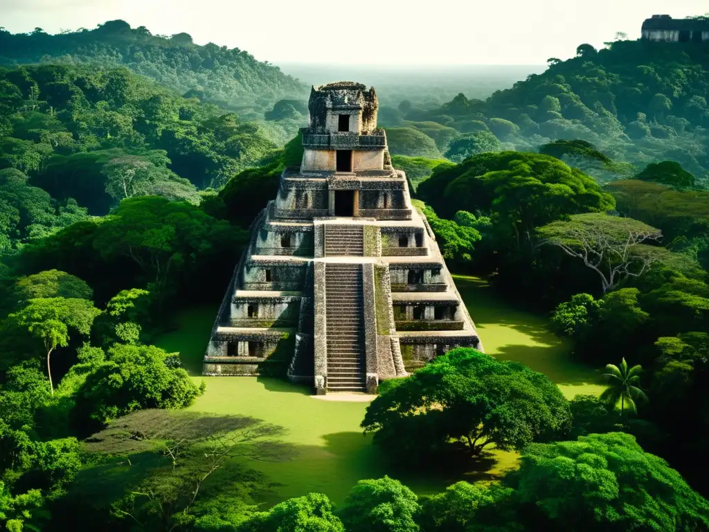 Una antigua foto en alta resolución de un templo maya rodeado de exuberante vegetación