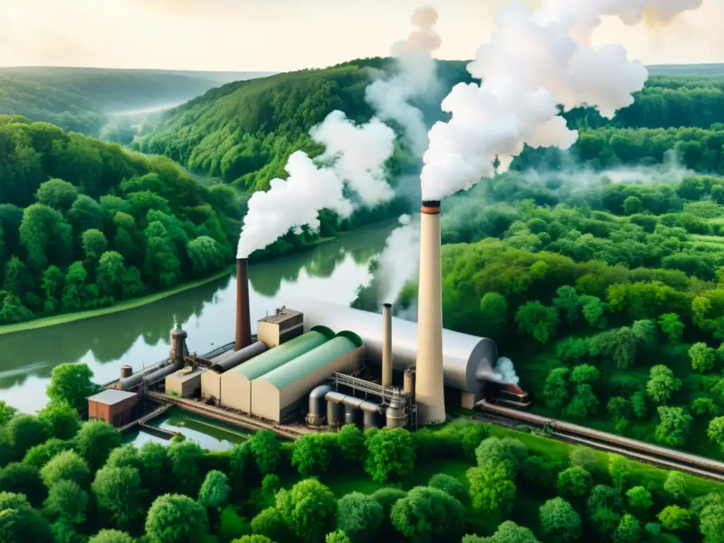 Antigua ilustración de una gran fábrica de papel rodeada de exuberantes bosques verdes, con humo saliendo de sus chimeneas y un río a un lado