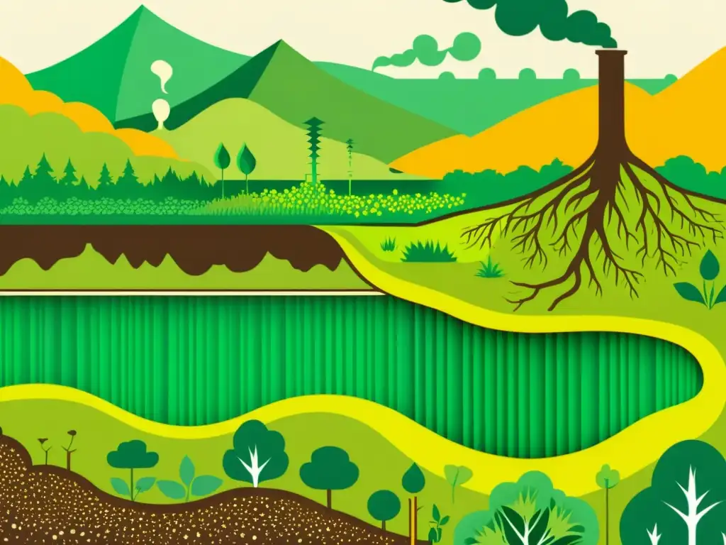 Antigua ilustración del impacto ambiental de químicos en la producción de papel, con derrame tóxico en ecosistema exuberante