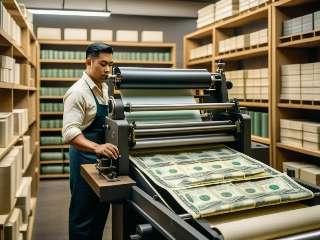 Antigua imprenta de billetes en plena operación, trabajadores inspeccionan con cuidado el papel moneda recién impreso, rodeados de herramientas y tinta