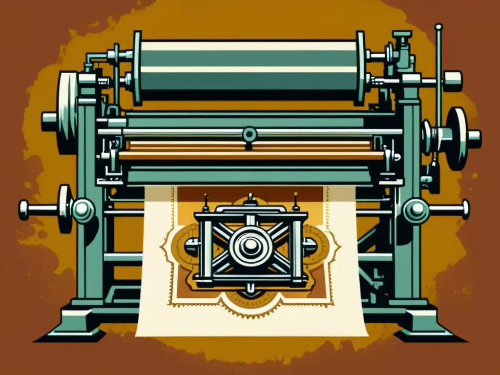 Una antigua ilustración de una imprenta en acción, con detalles intrincados de la maquinaria y el papel texturizado, y los tonos cálidos de la tinta