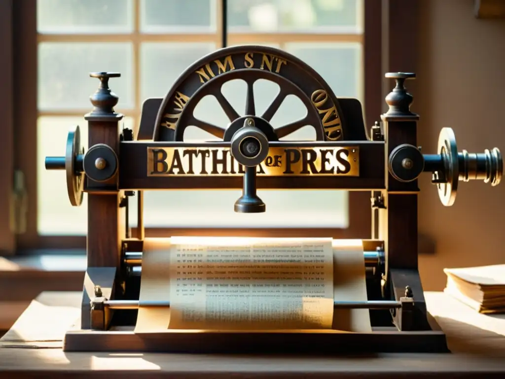 Una antigua imprenta de madera con letras metálicas vintage y papel envejecido, bañada en cálida luz natural