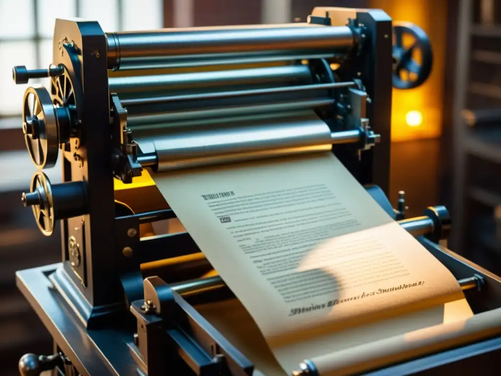 Antigua prensa de impresión en acción, detalle y nostalgia Una antigua imprenta en pleno funcionamiento, con detalles nítidos de la maquinaria y papel