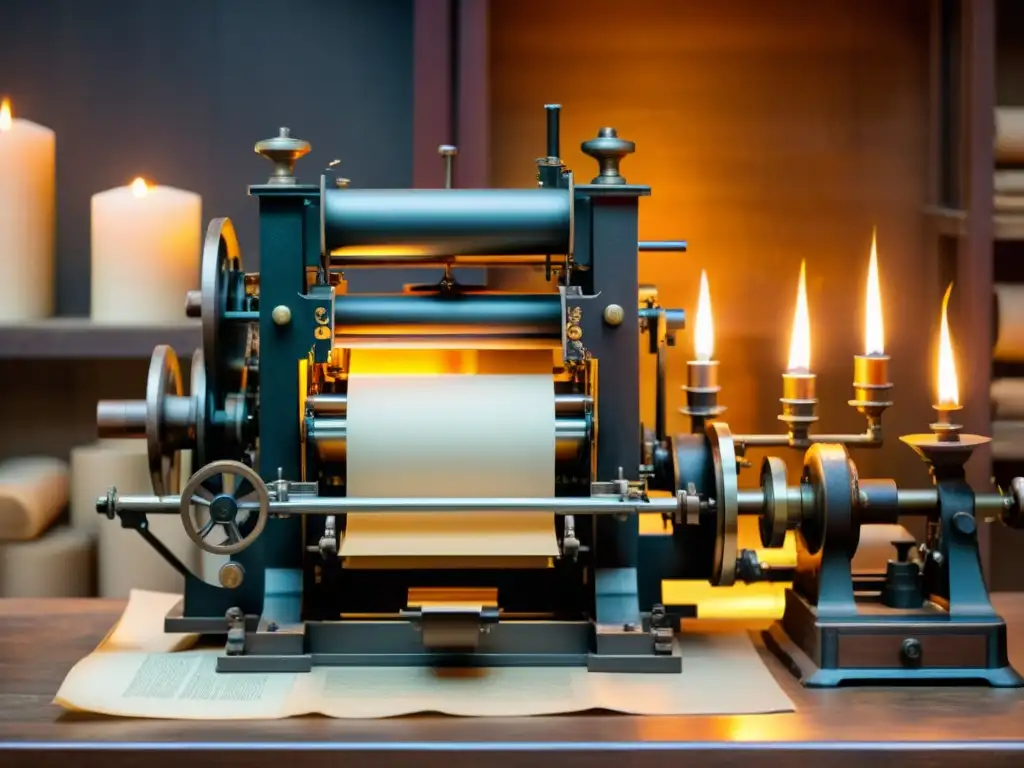 Una antigua imprenta en pleno funcionamiento, iluminada por la suave luz de las velas