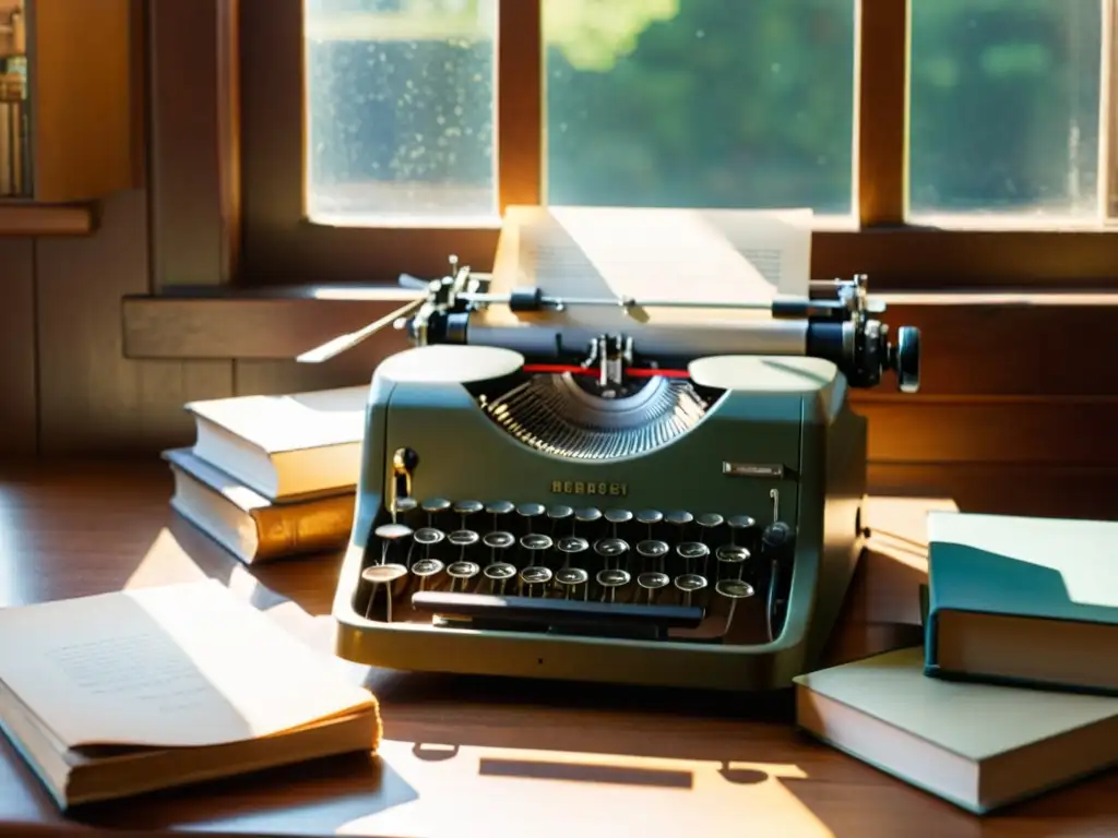 Una antigua máquina de escribir descansa sobre un escritorio de madera, junto a libros envejecidos, bañados por la cálida luz de la tarde