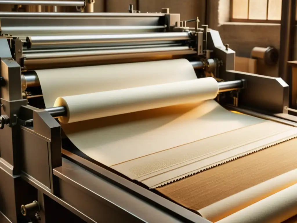 Máquina de papel vintage en acción: tradición y tecnología Una antigua máquina de hacer papel en acción, con intrincados engranajes y rodillos, creando papel biodegradable reforzado tecnológico