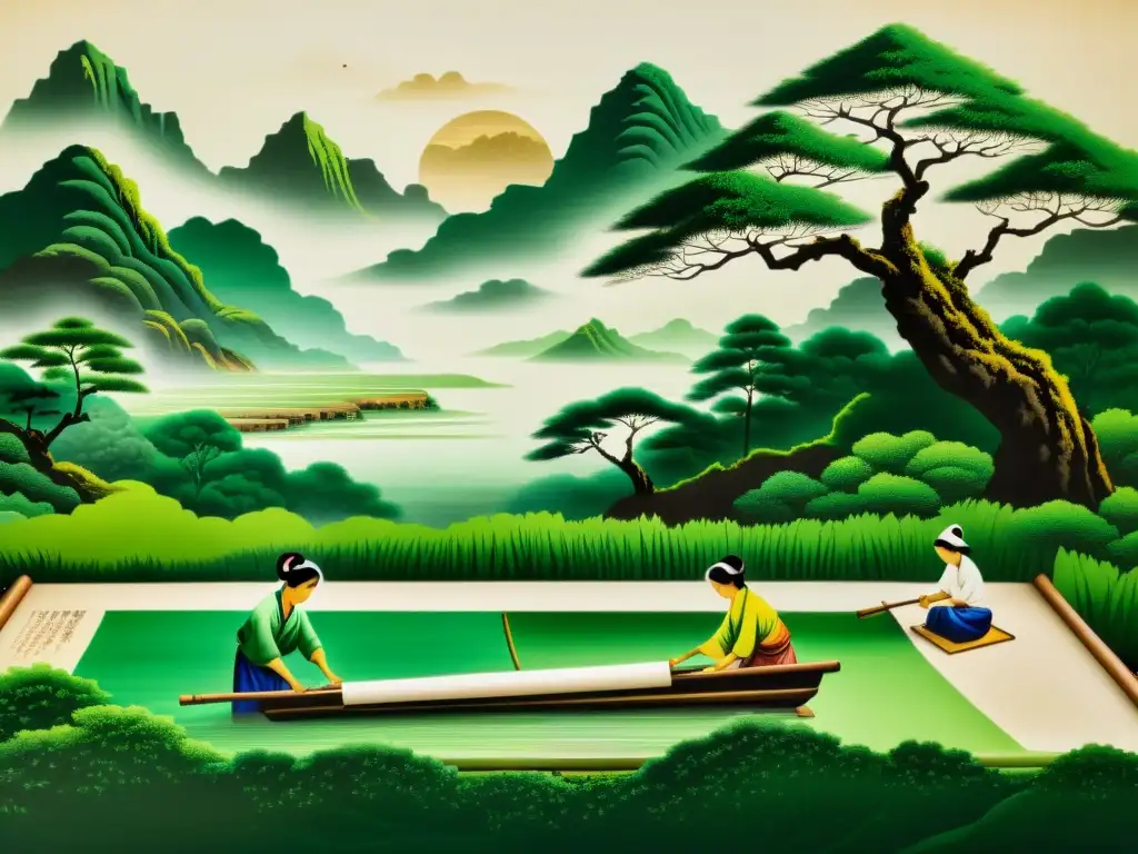 Antigua pintura china muestra la evolución del papel en Asia con artesanos y exuberante paisaje natural