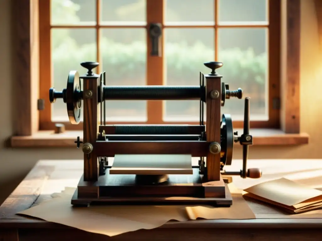 Una antigua prensa de madera rústica imprime en papel reciclado, con tintas ecológicas, evocando artesanía y tradición