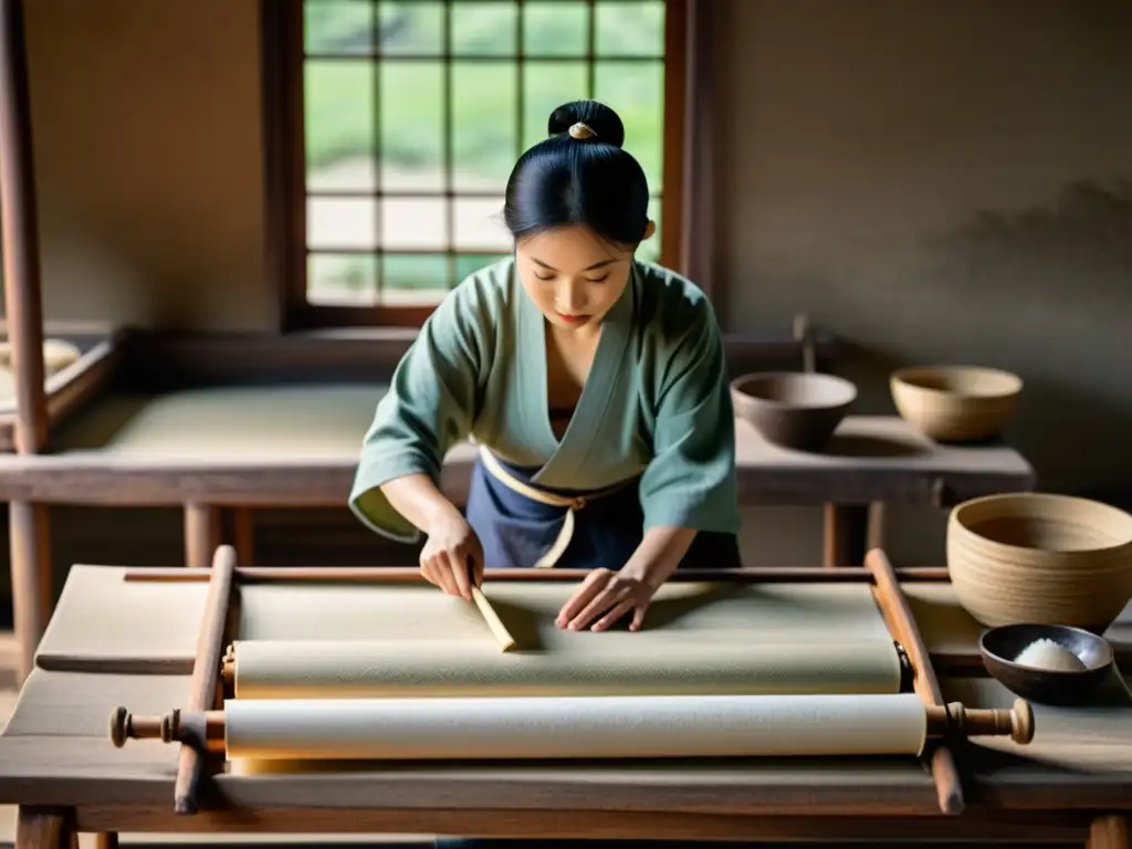 Antigua técnica de fabricación de papel en un taller chino, evocando historia y artesanía