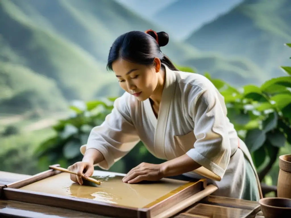 Un antiguo artesano chino elabora papel en la neblinosa montaña, representando la revolución tecnológica del papel