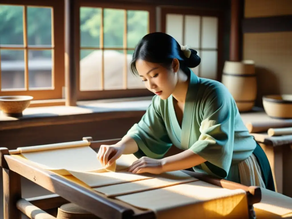 Un antiguo artesano chino elabora papel a mano con tela reciclada, mostrando la evolución del papel trapo con detalles históricos y culturales