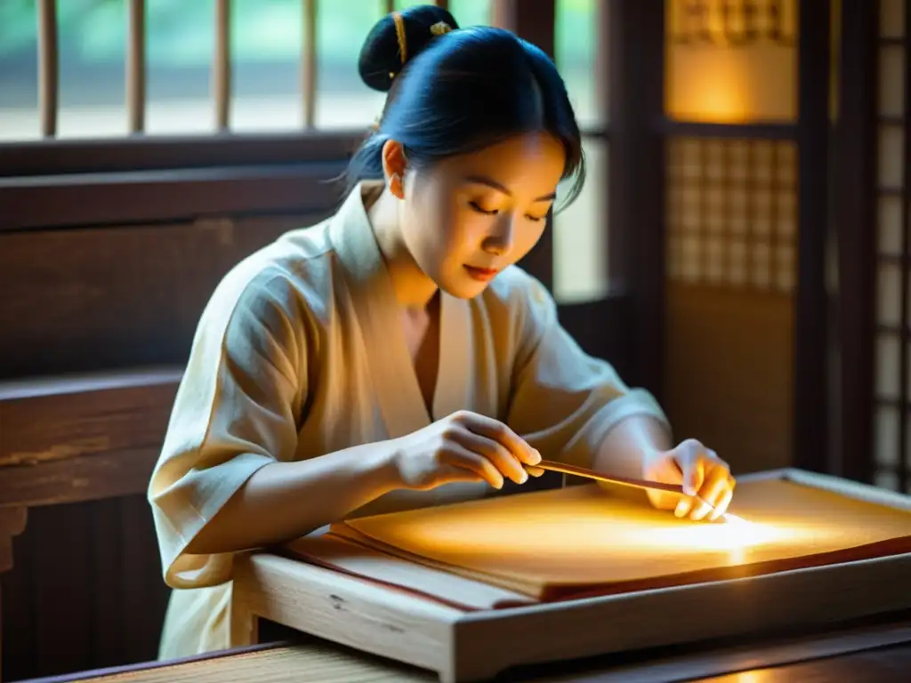 Un antiguo artesano chino elabora papel de morera con destreza, en un proceso meticuloso iluminado por la suave luz de las linternas