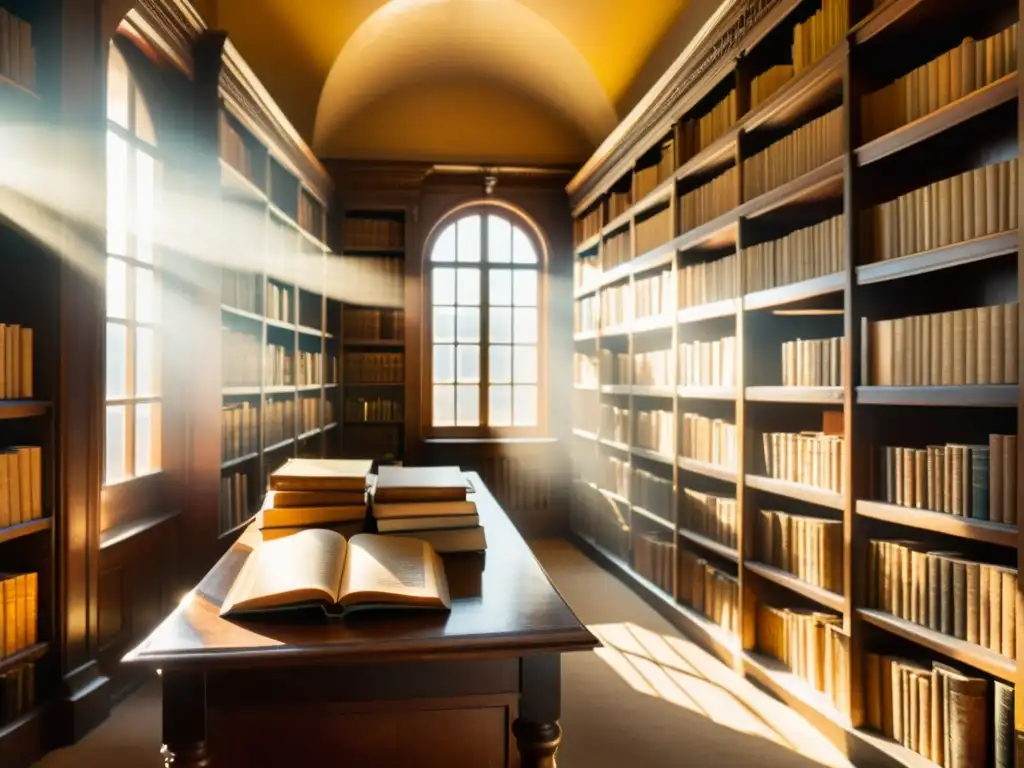 Un antiguo y sepia salón de biblioteca repleto de libros encuadernados en cuero, iluminado por rayos de sol