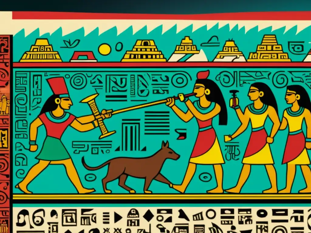 Antiguo códice maya bien conservado con intrincados jeroglíficos y colores vibrantes, representando el papel como moneda en las culturas precolombinas