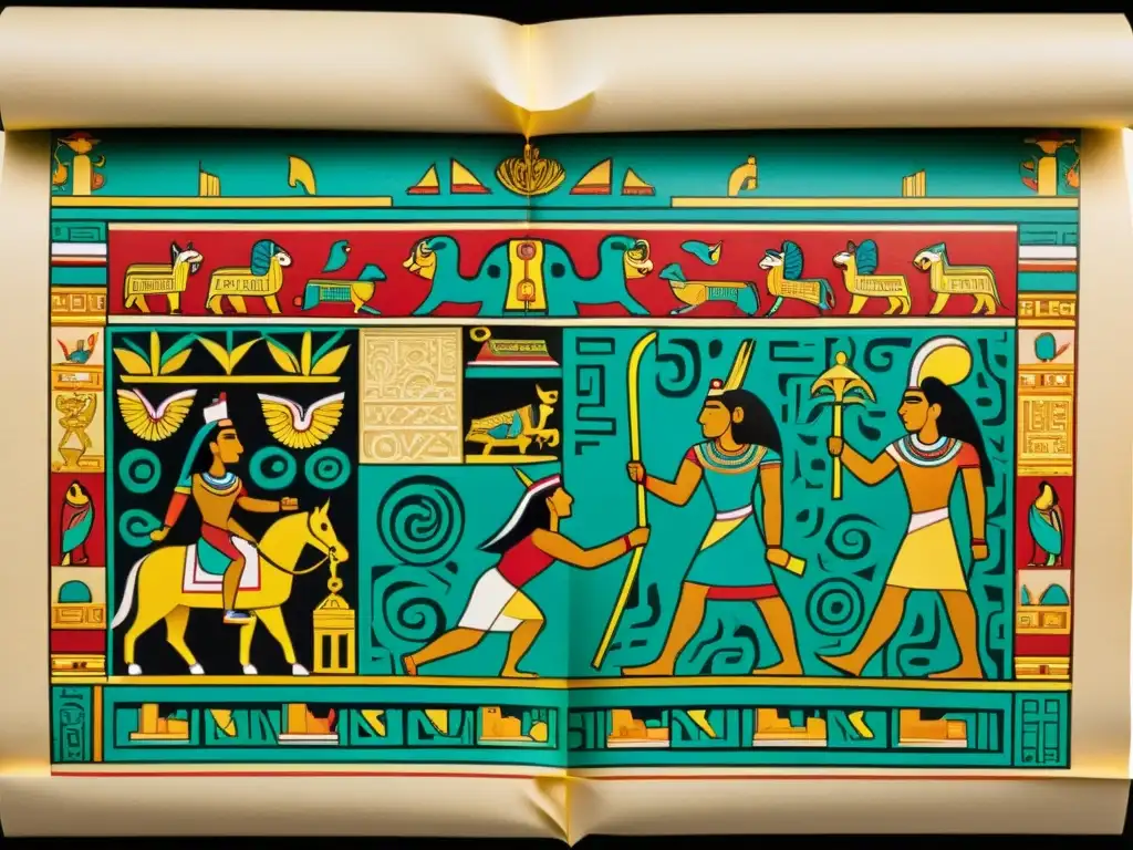 Antiguo códice maya desplegado, con escenas mitológicas y escritura jeroglífica en papel, deslumbrante en colores y detalles dorados, reflejando la narrativa de las civilizaciones precolombinas