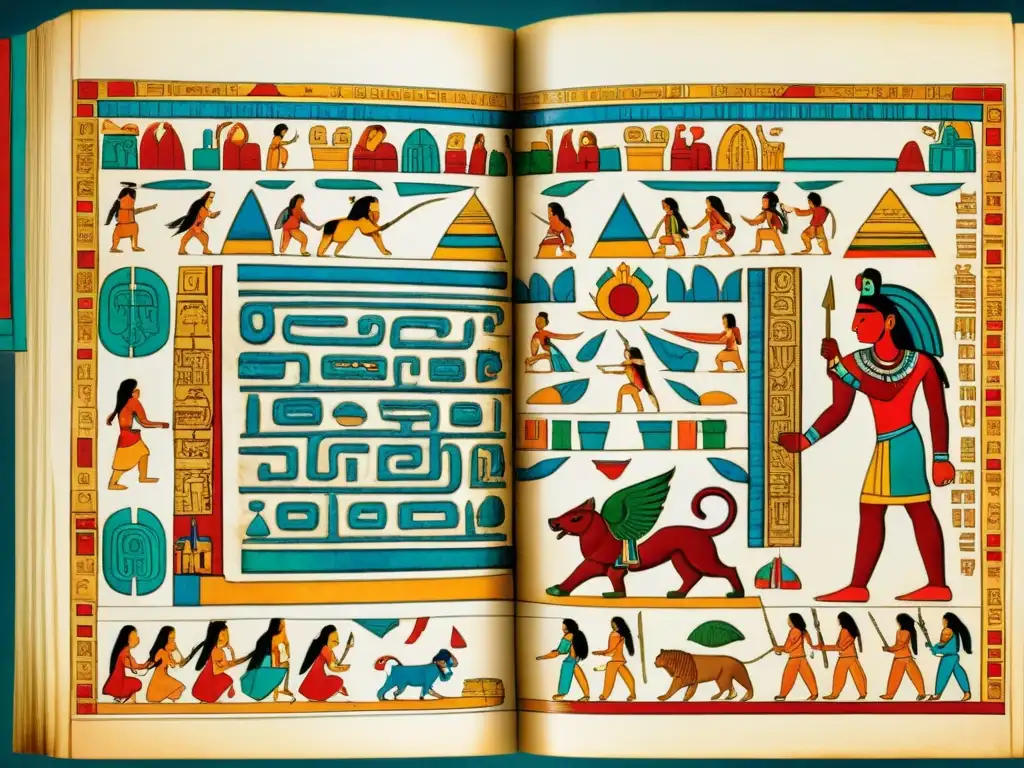 Antiguo códice maya con hieroglifos e ilustraciones vibrantes que capturan la importancia de las narrativas indígenas en papel